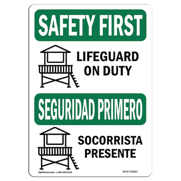 OSHA Sign, Lifeguard On Duty Bilingual, 24in X 18in Rigid Plastic, 18" W, 24" L, Landscape